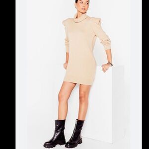 Nasty Gal Puff Shoulder Turtleneck Sweater Dress Beige Tan M